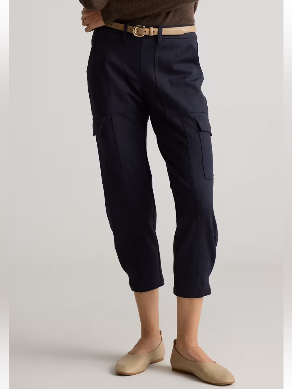 NWT Quince Navy Elastic Waist Ultra Stretch Ponte Tapered Cargo Pants Sz. L